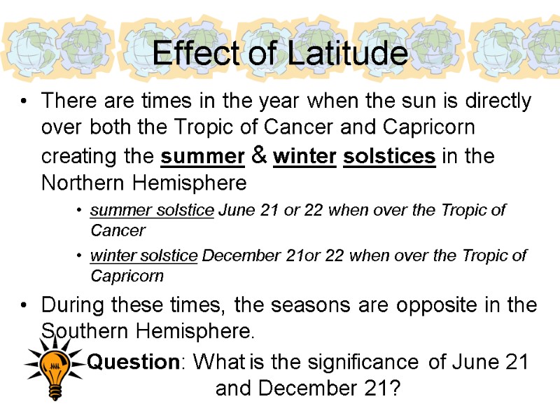 Effect of Latitude There are times in the year when the sun is directly